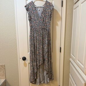 Floral Ruffled High-Low Faux Wrap Dress